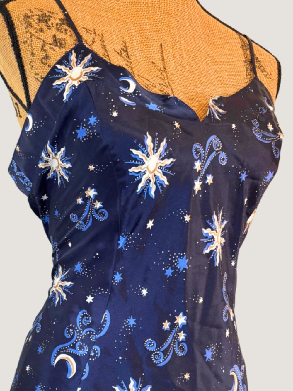 90s Celestial Slip Dress Moon Star Print Satin Lingerie Dress Size L - Picture 2 of 5